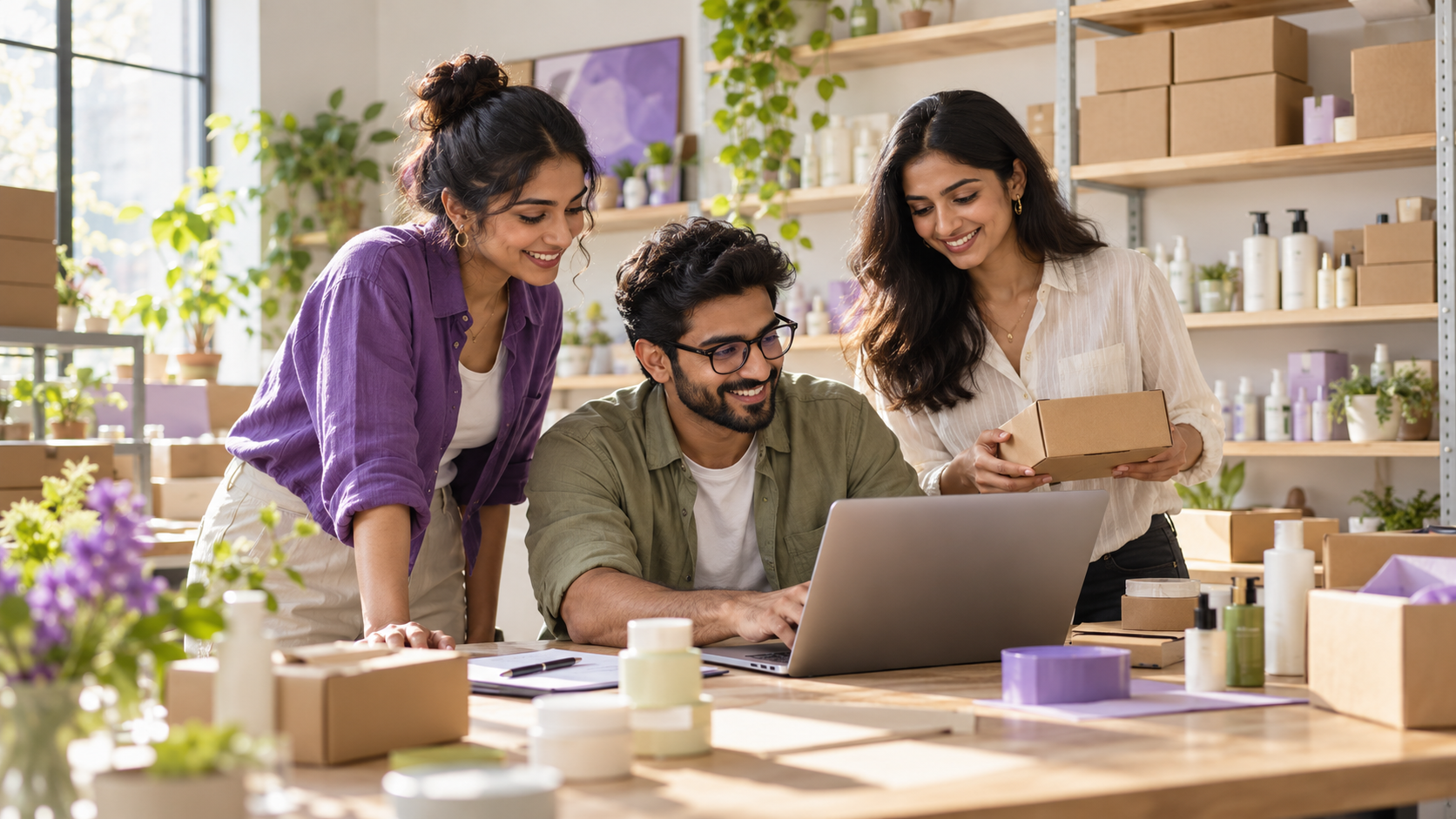 AI-generated editorial illustration of Indian entrepreneurs packing products in a studio